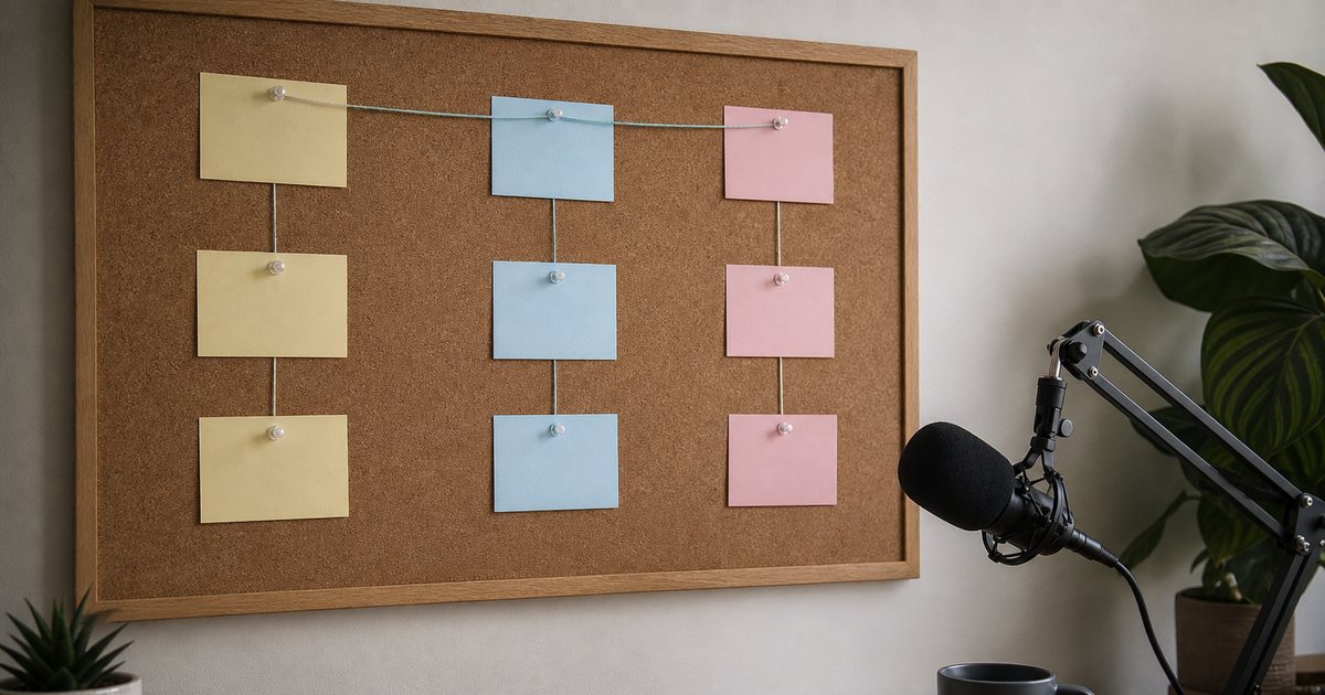 A corkboard on a home office wall with blank colored index cards pinned in neat columns and connected by string, a desk below with a notebook, a coffee mug, and a microphone on a boom arm