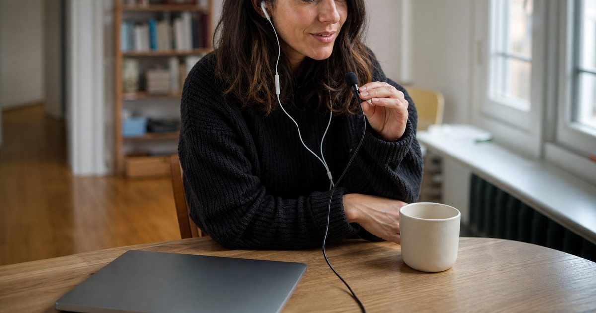A woman seated at a kitchen table wearing wired earbuds and leaning toward a small clip-on microphone, a closed laptop and a mug beside her, soft morning daylight from a nearby window, wooden floor and a bookshelf blurred in the background