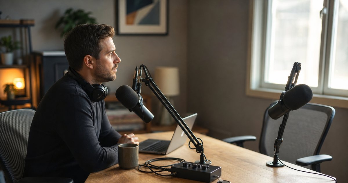 A podcast host sitting alone at a small home studio desk with two microphones on boom arms and headphones, looking at the empty guest chair across the table, warm morning light through a window