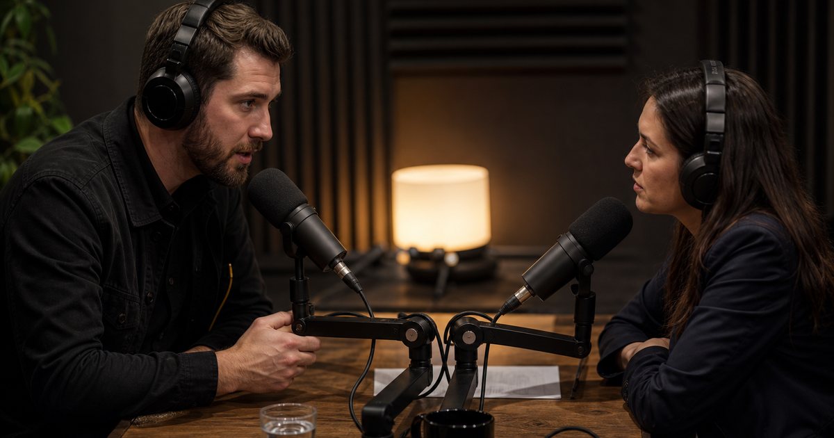 A podcast host leaning forward attentively across a table toward a reserved guest in a small studio, both wearing headphones, warm lamp light and acoustic foam on the wall