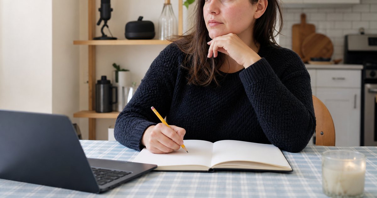 A person at a kitchen table holding a pencil over an open blank notebook, a closed laptop nearby, a small microphone case on a shelf in the background, soft morning light
