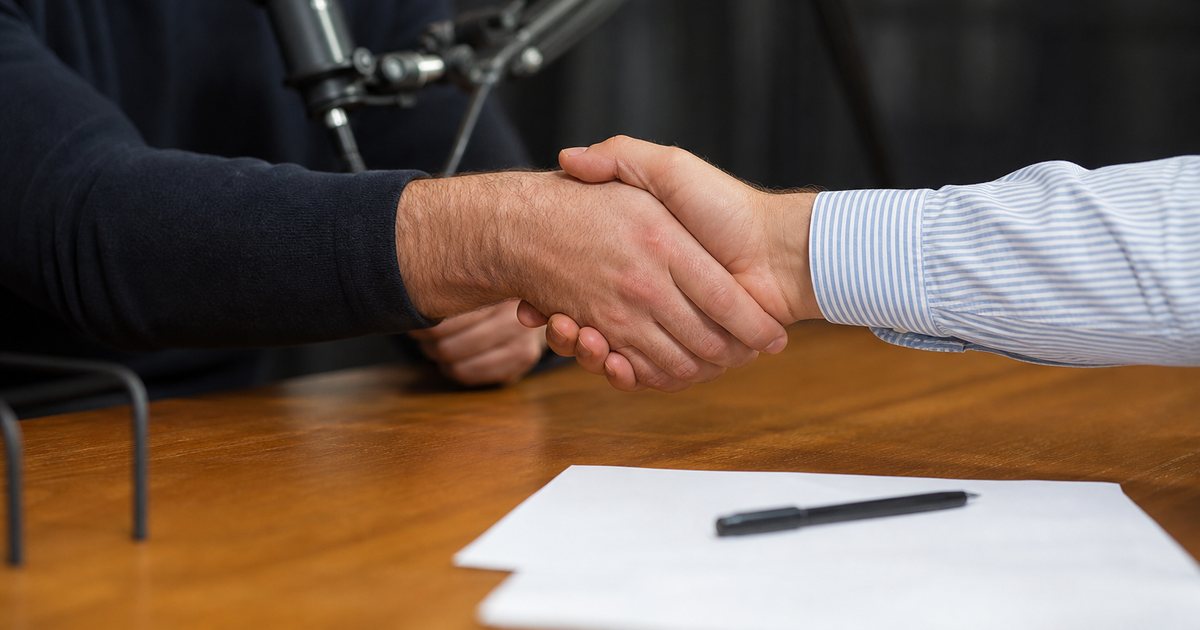 Close-up of two people shaking hands across a wooden table in a podcast studio, a microphone on a boom arm and a pen resting on a sheet of paper in soft focus