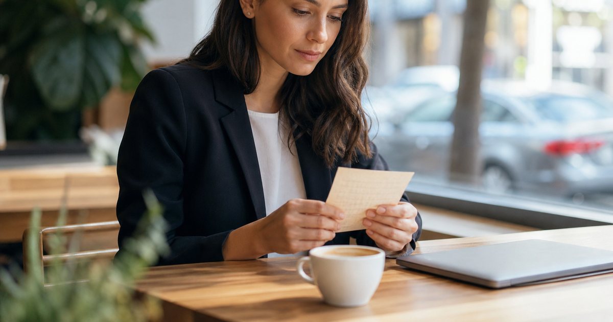 A woman in a blazer reading a handwritten note at a bright coffee shop table, a closed laptop beside her and a cup of coffee, a city street visible through the window