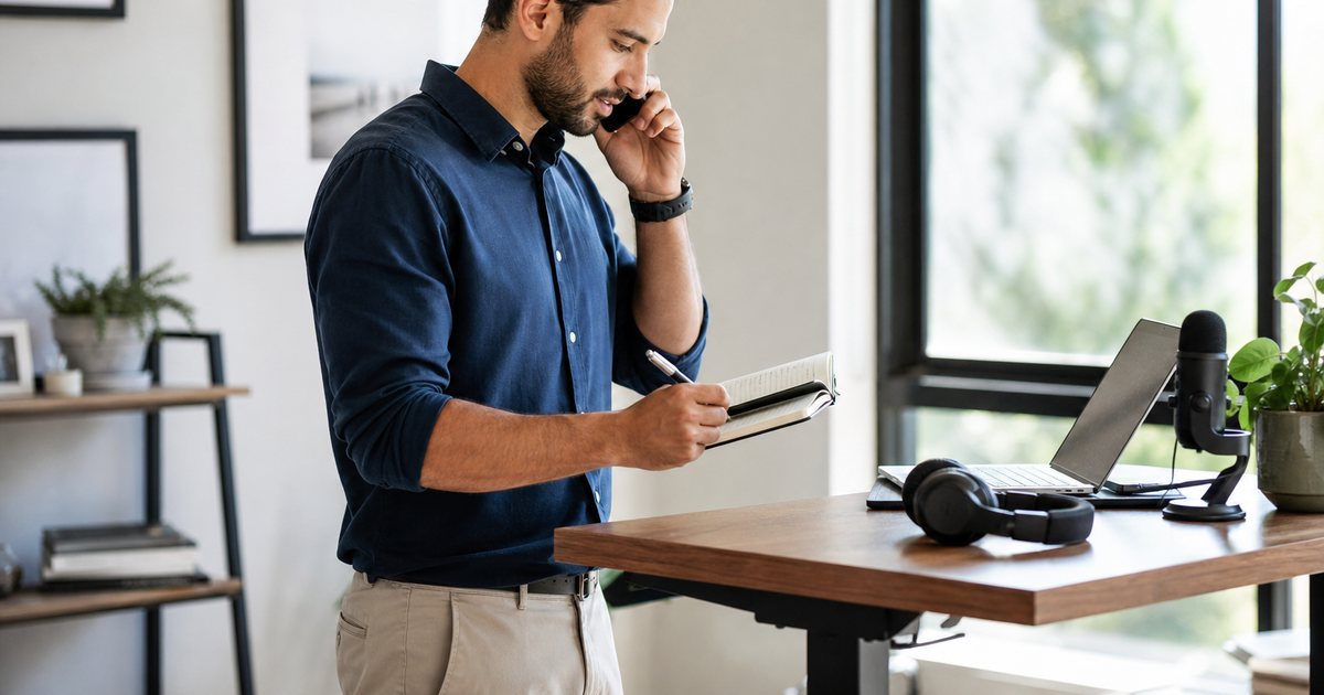 A person on a phone call at a standing desk in a bright home office, holding a notebook and pen, with a microphone and headphones resting unused on the desk
