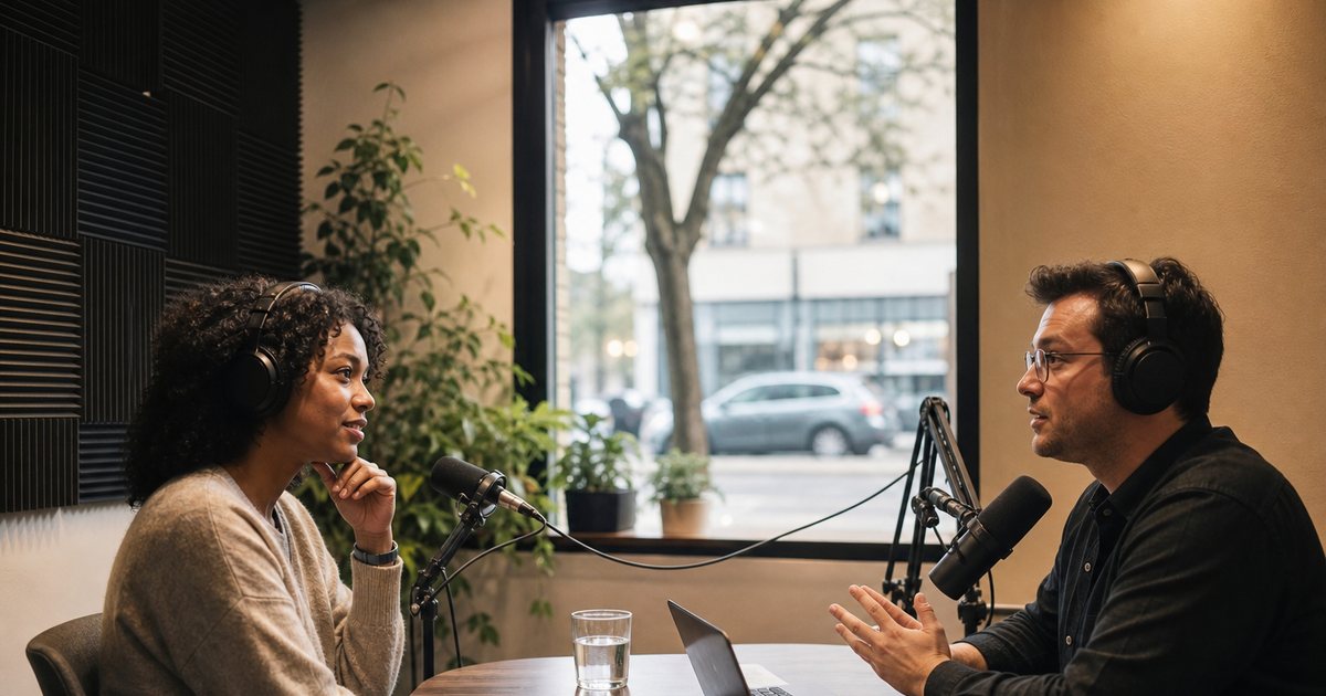 Two people talking across a small table in a cozy podcast studio with acoustic panels, two microphones on boom arms, headphones, and a window showing an afternoon street