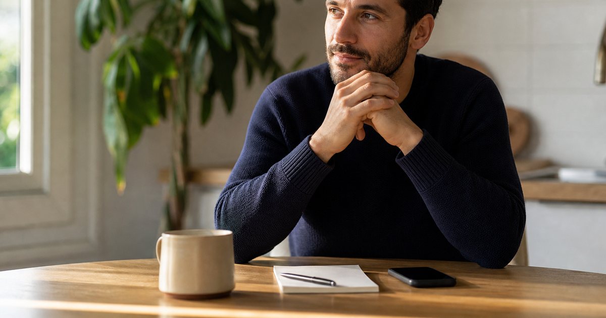 A man in his thirties at a sunlit kitchen table with a coffee mug and a plain notepad with a pen resting on it, phone face down beside them, warm morning light across the wood surface, a houseplant and window frame softly blurred behind him