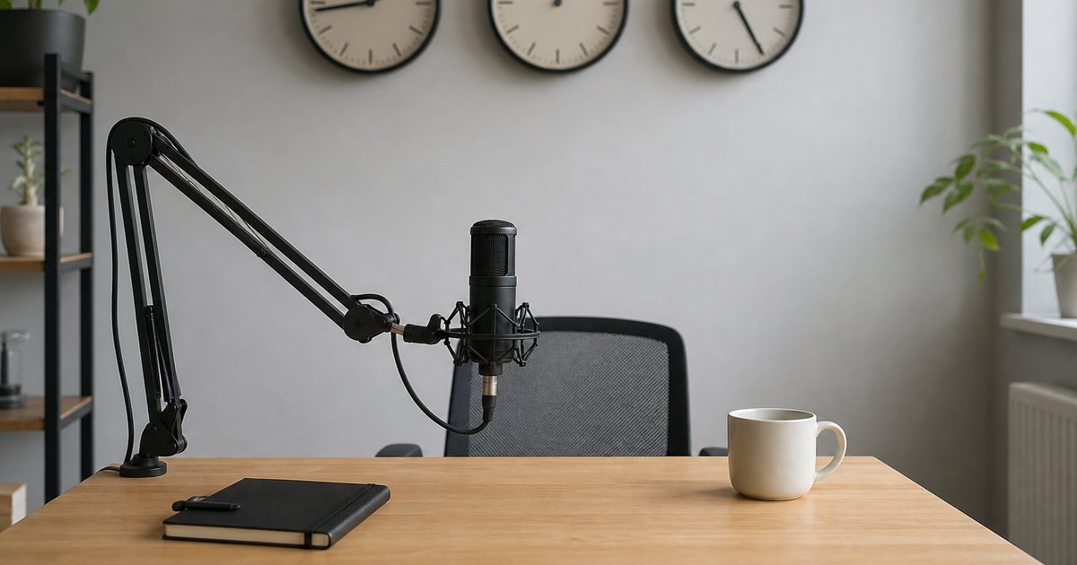 A wall with three analog clocks showing different times above a desk with a microphone on a boom arm, a closed notebook, and a mug, in a tidy home office with daylight